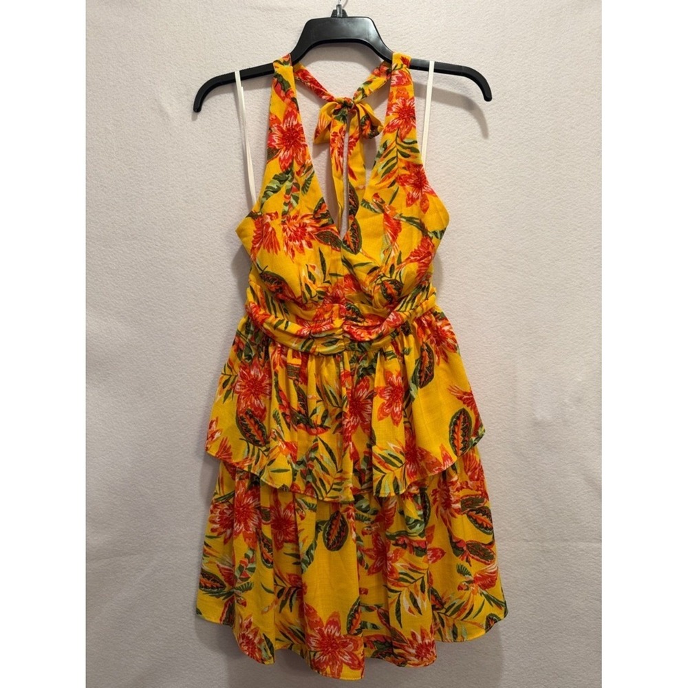 BCX Womens Yellow Tropical Floral Halter Mini Dress Tiered Ruffle Smocked XS NEW - Picture 3 of 9